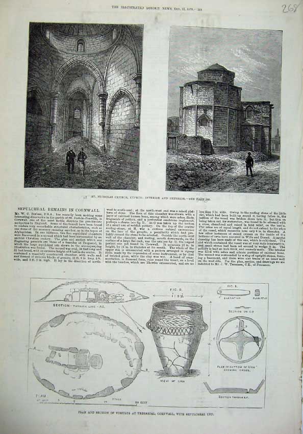 Old Antique Print 1879 Nicholas Church Cyprus Plan Tumulus Cornwall Urn 19th