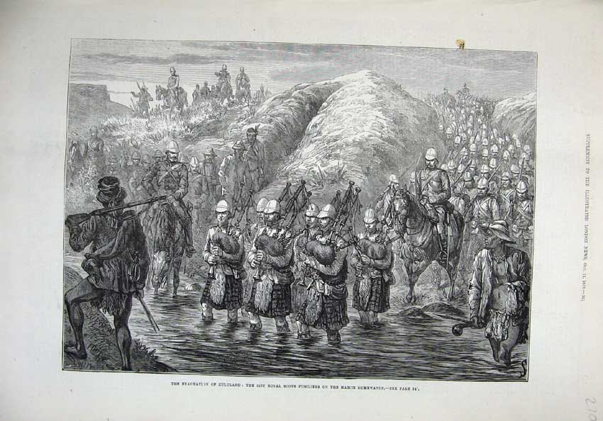 Original Old Antique Print 1879 Zululand War Royal Scots Fusiliers Siers Pipes