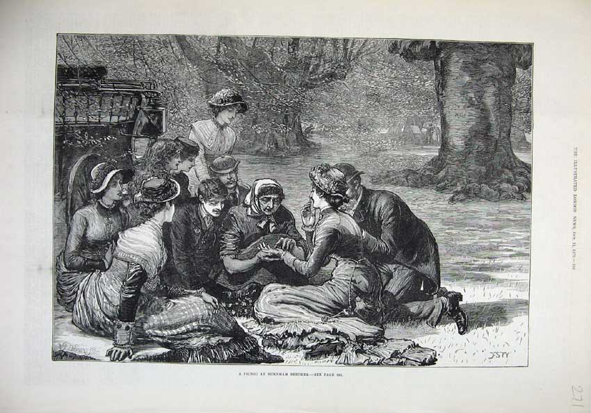 Old Antique Print 1879 Fine Art People Picnic Burnham Beeches Country Art 19th