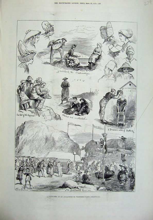 Original Old Antique Print 1879 Anglo-French Beach Granville Families People