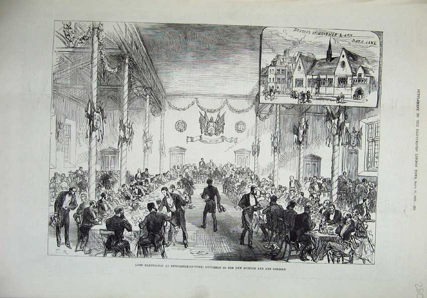Old Antique Print 1879 Lord Hartington Newcastle-On-Tyne Science School 19th