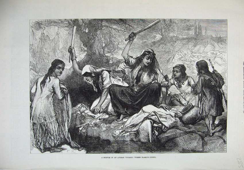Old Antique Print 1879 Afghan Village Women Washing Linen Water Fine Art 19th