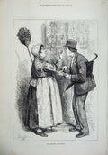 Original Old Antique Print 1879 Paris Man Woman Servant Duster Book Umbrella