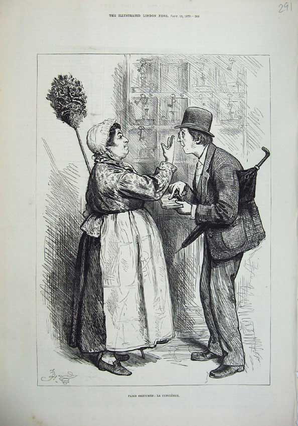 Original Old Antique Print 1879 Paris Man Woman Servant Duster Book Umbrella