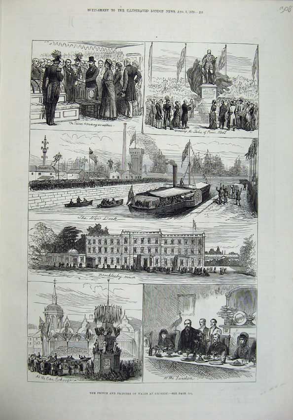 Original Old Antique Print 1879 Prince Wales Grimsby Dock Corn Exchange Albert