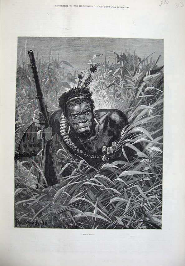 Old Antique Print 1879 Zulu Scout War Natãve Man Gun Grass Woodville Art 19th
