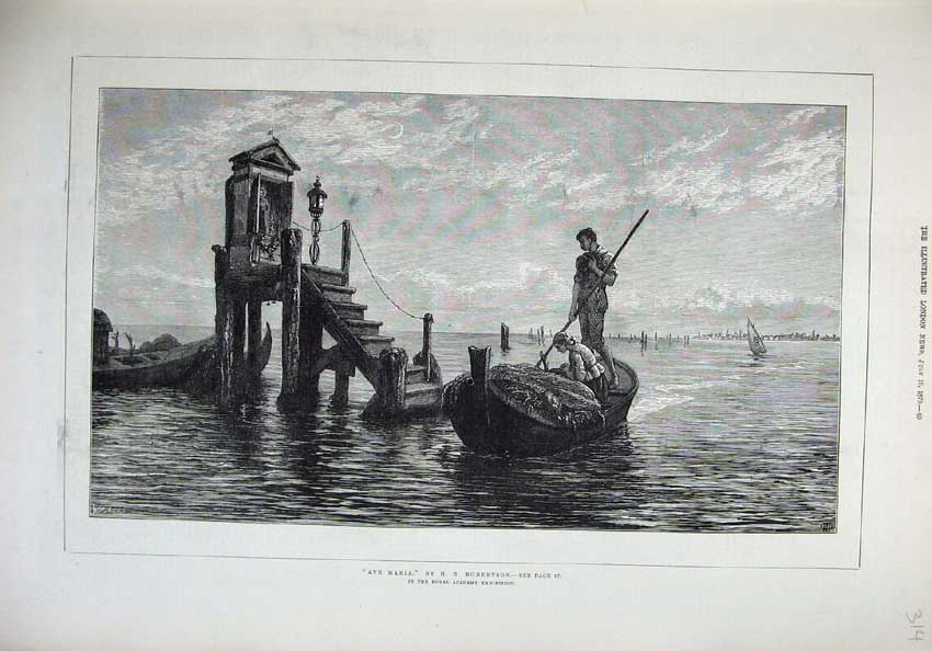 Original Old Antique Print Fine Art 1879 Ave Maria Boat Romance Steps Robertson