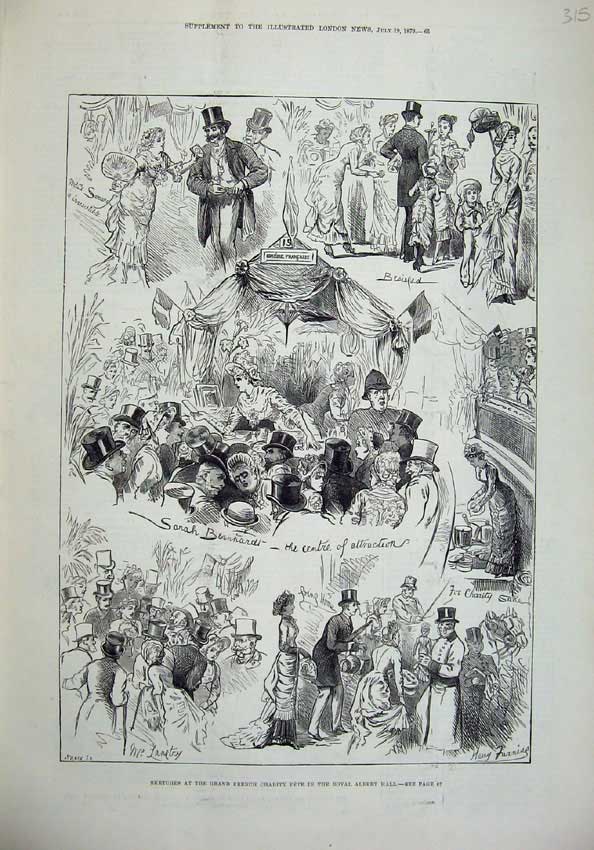 Original Old Antique Print 1879 French Chrity Fete Royal Albert Hall Men Women