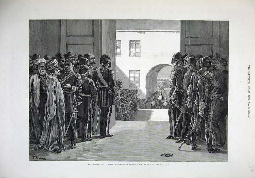 Old Antique Print 1879 Egypt Reception Tewfik Pasha Citadel Cairo War Art 19th
