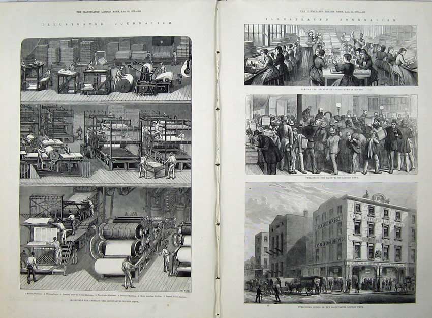 Original Old Antique Print Journalism 1879 Machinery Ing Publishing Office