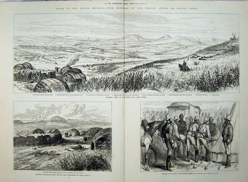 Old Antique Print Prince Imperial 1879 Kraal Itelezi Camp Newdigate War 19th