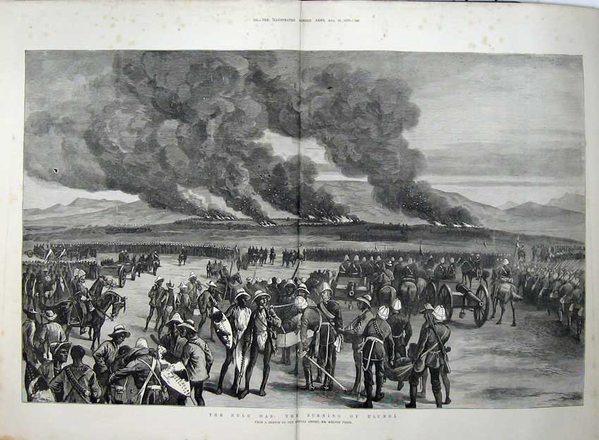 Old Antique Print 1879 Zulu War Burning Ulundi Army Natives Cannon Prior 19th