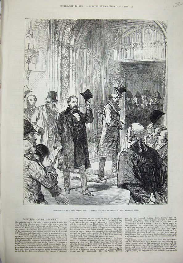 Original Old Antique Print 1880 New Parliament Meeting Members Westminster Hall