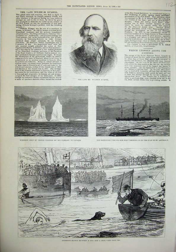 Original Old Antique Print 1880 Wilhelm Kumpel Icebergs LeopSardinian Ship Dog