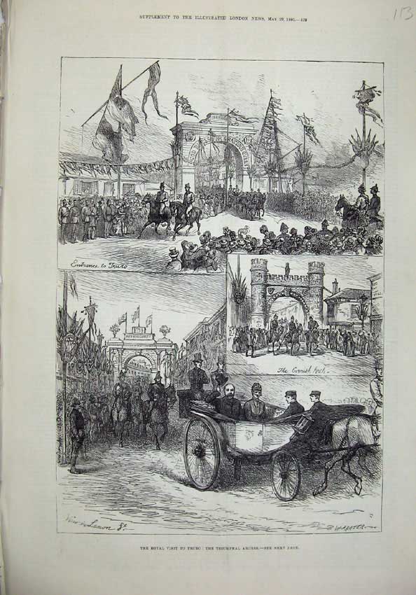 Original Old Antique Print 1880 Royal Truro Triumphal Arches Horse Carriage