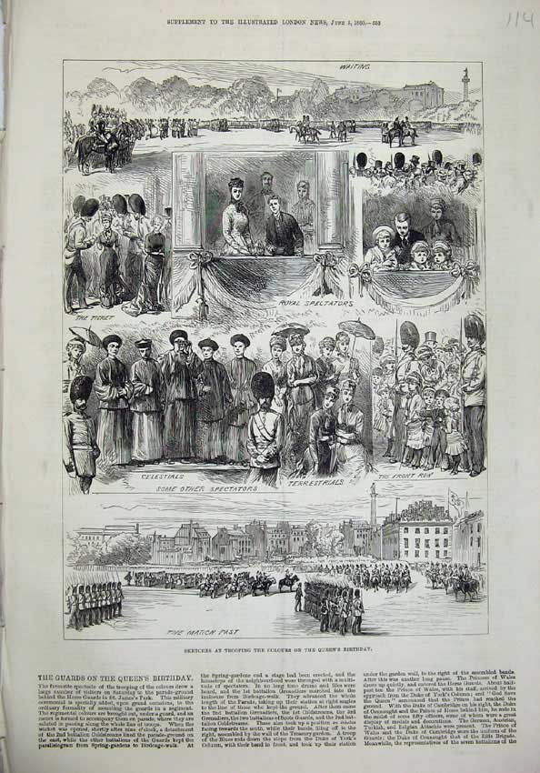Original Old Antique Print 1880 Trooping Colours Queen'S Birthday Horses Guards