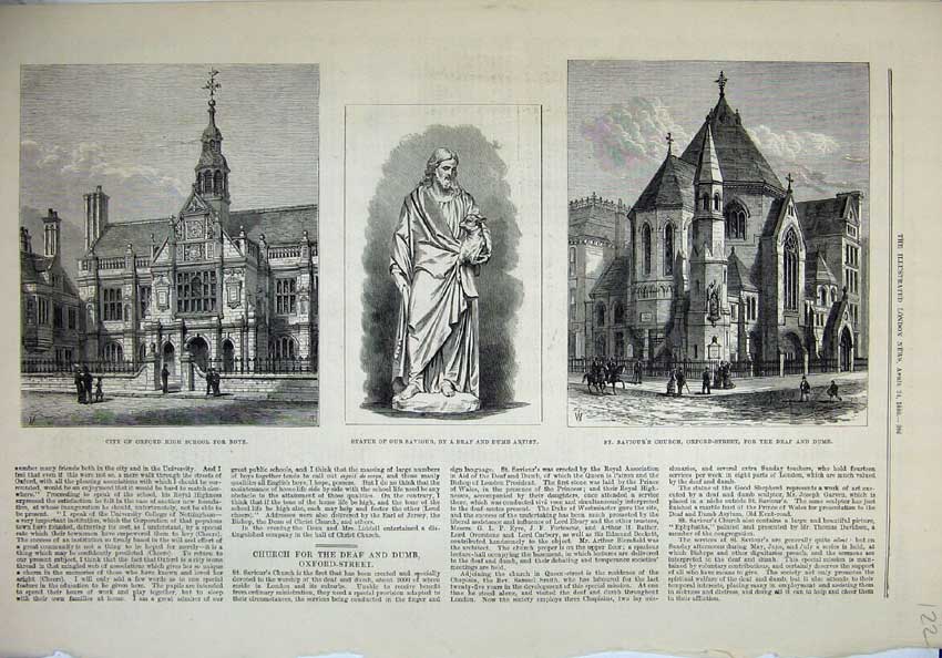 Original Old Antique Print 1880 Oxford High School Boay Saviour'S Church Statue