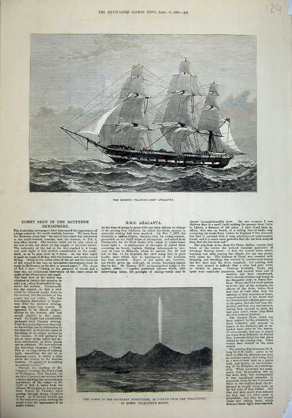 Original Old Antique Print 1880 Training Ship Atalanta Comet Wellington Zealand