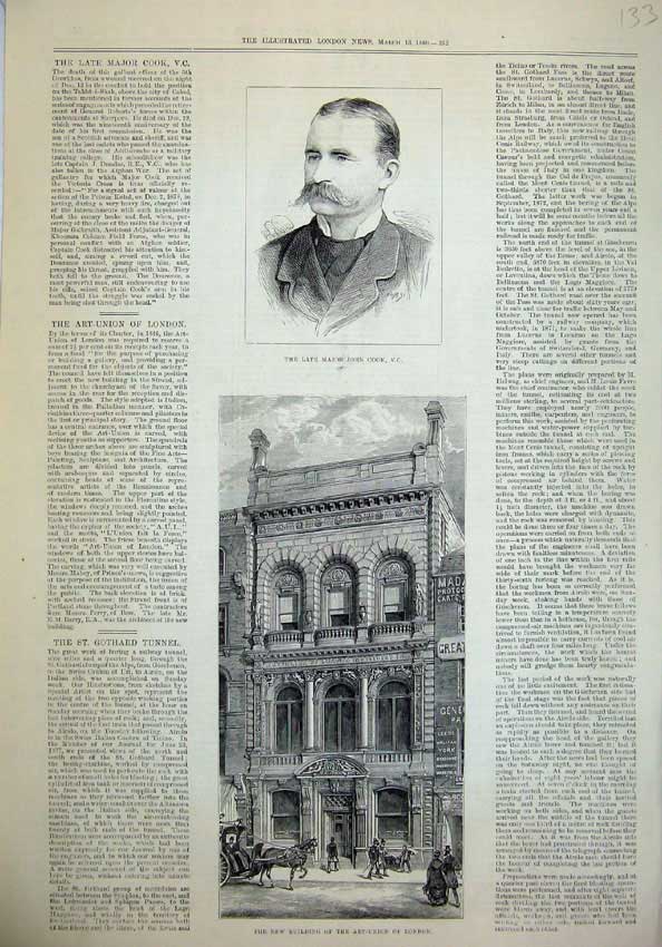 Original Old Antique Print Major John Cook 1880 Building Art Union London 19th