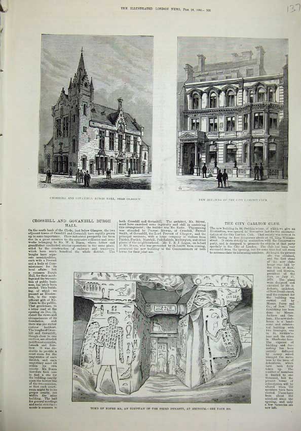Old Antique Print 1880 Burgh Hall Glasgow Carlton Club Tomb Nofre Meidoum 19th
