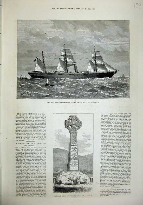 Old Antique Print 1880 Memorial Cross Princess Balmoral Ship Chimborazo 19th