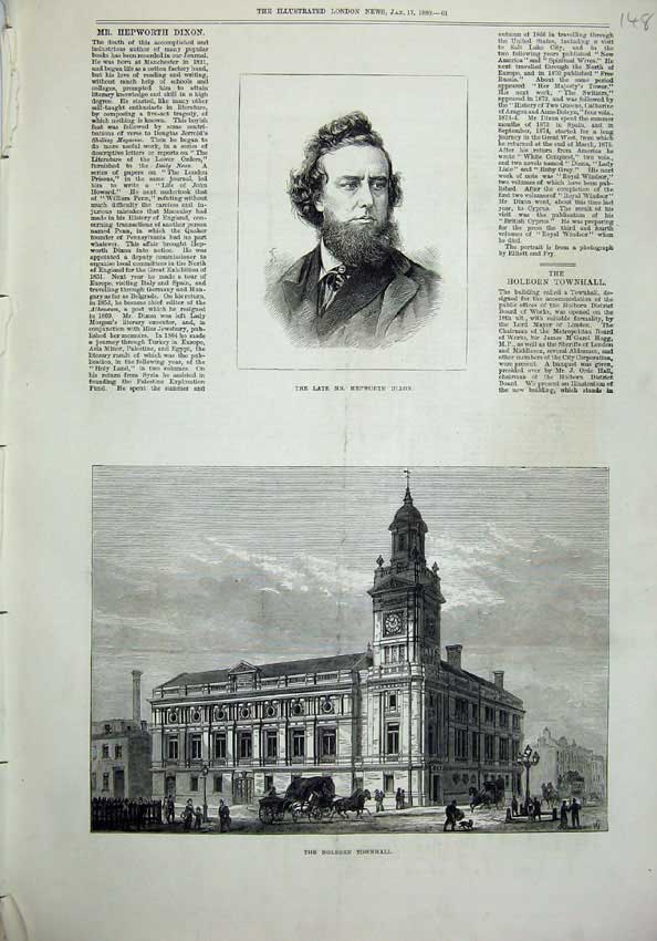 Original Old Antique Print Portrait 1880 Hepworth Dixon Holborn Townhall 19th
