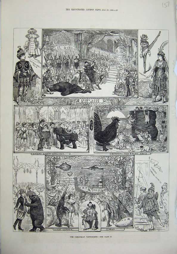 Original Old Antique Print 1880 Christmas Pantomimes Drury Gaiety Covent Garden