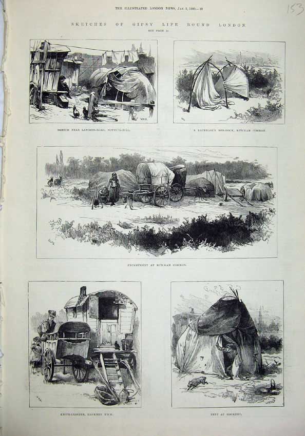Original Old Antique Print 1880 London Hackney Camp Mitcham Common Latimer Wick