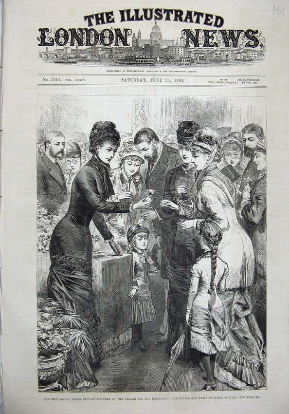 Old Antique Print 1880 Princess Wales Selling Flowers Bazaar Kensington 19th