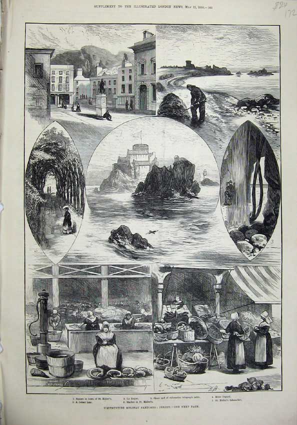 Old Antique Print 1880 Jersey St Helier Mont Orgueil Fishmarket La Roque 19th