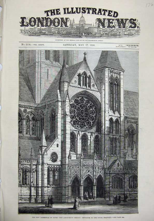 Old Antique Print 1880 Architecture New Cathedral Truro Transept Fine Art 19th