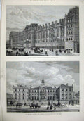 Old Antique Print 1880 Cavalry Barracks Knightsbridge Officers Buildings 19th