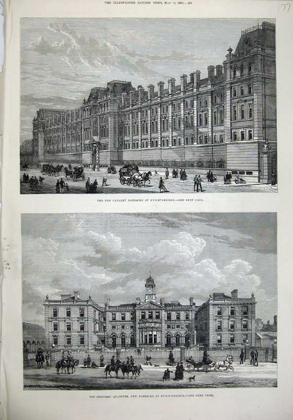 Old Antique Print 1880 Cavalry Barracks Knightsbridge Officers Buildings 19th