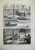 Old Antique Print 1880 Fur Trappers Backwoods Canada Hunting Deer Cabin 19th