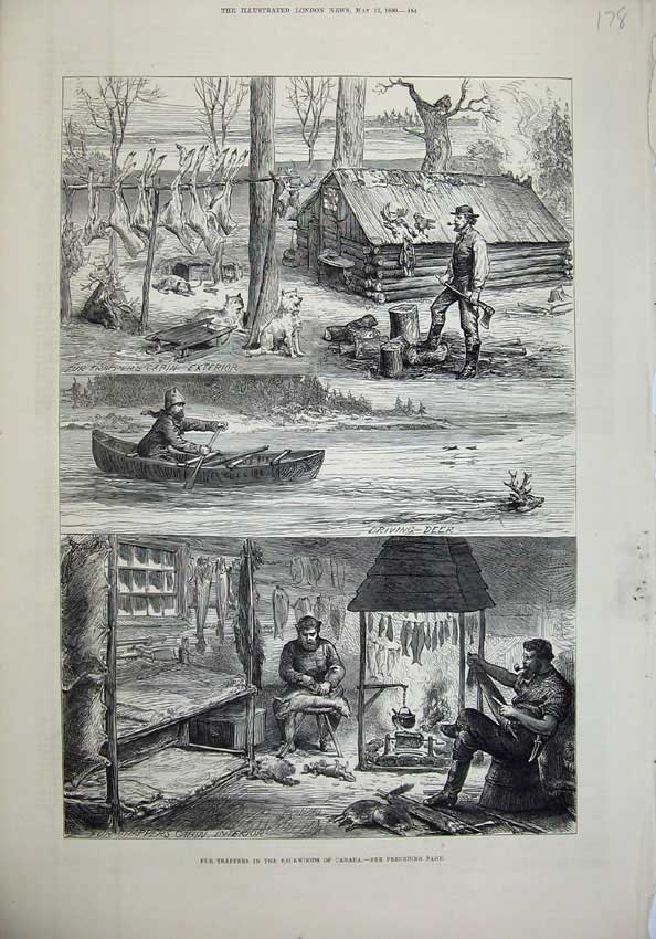 Old Antique Print 1880 Fur Trappers Backwoods Canada Hunting Deer Cabin 19th