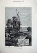 Old Antique Print 1880 Country Scene Lake Trees Flowers Fine Art Montbard 19th