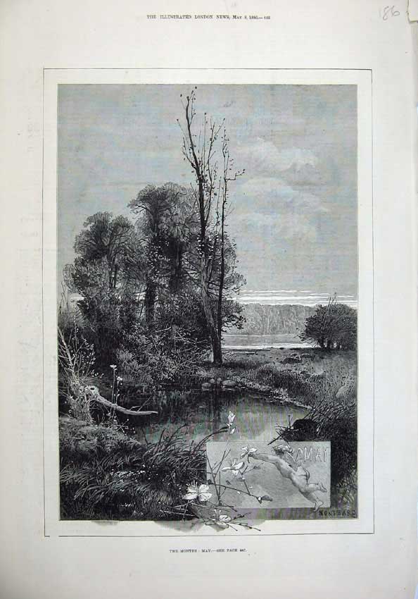 Old Antique Print 1880 Country Scene Lake Trees Flowers Fine Art Montbard 19th
