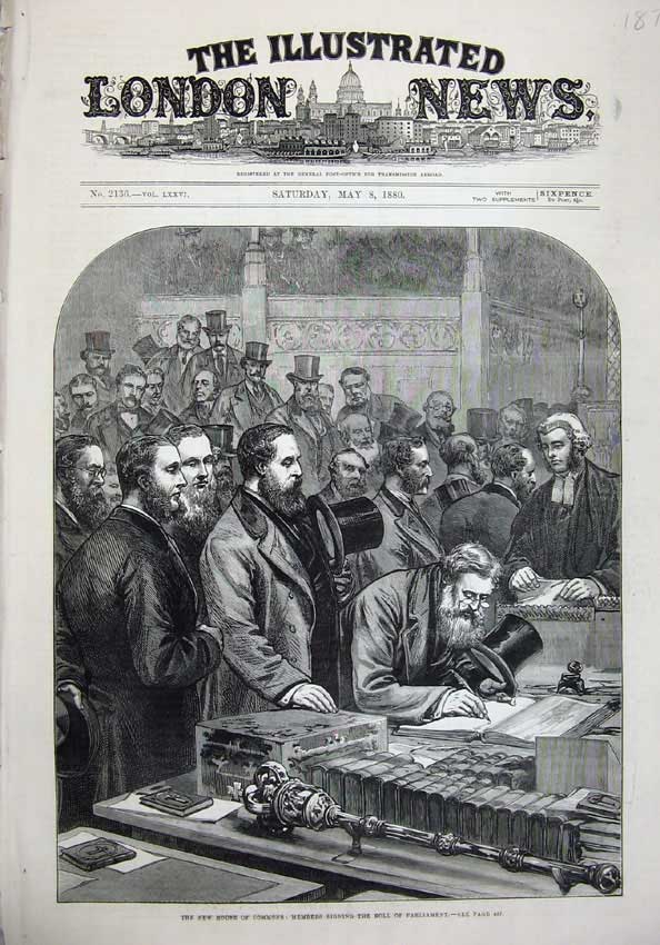 Old Antique Print 1880 House Commons Members Signing Roll Parliament Art 19th