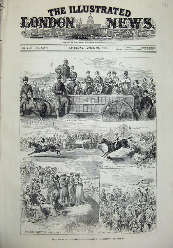 Original Old Antique Print 1880 Regimental Steeplechase Aldershott Horses Army