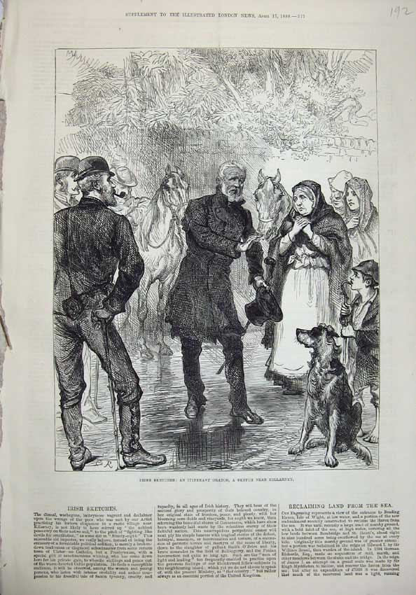 Original Old Antique Print 1880 Ireland Itinerant Orator Killarney Dog Horse