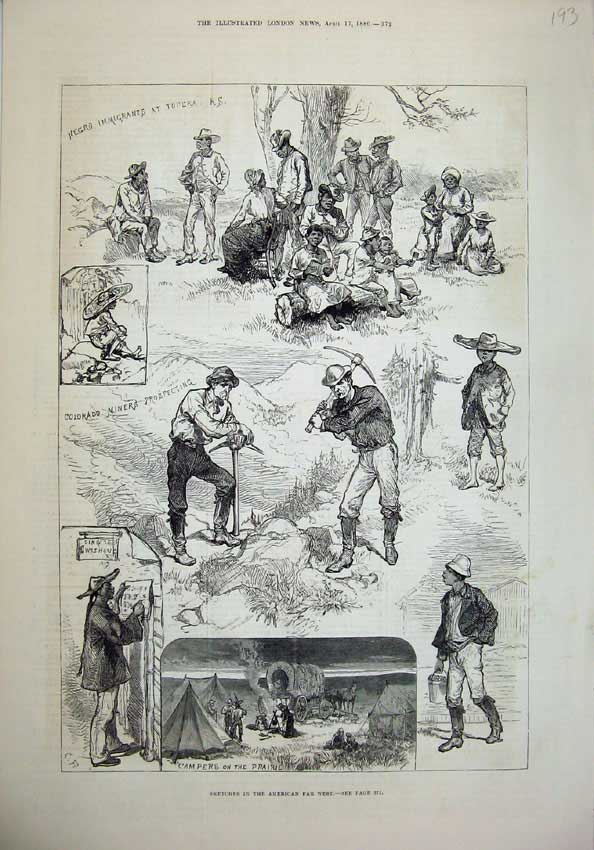 Old Antique Print 1880 America Camp Prairie Colorado Miners Negros Topeka 19th