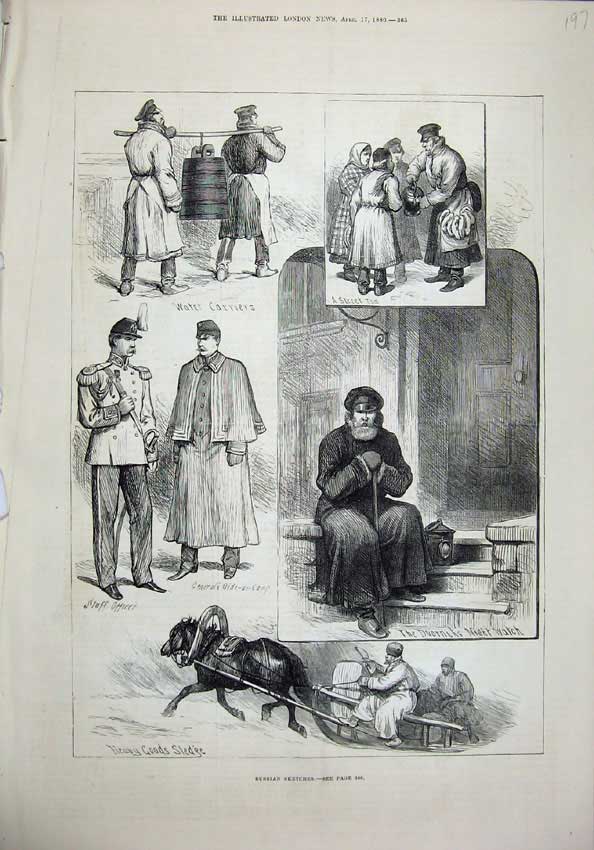 Old Antique Print 1880 Russia Horse Sledge Army Officer Night-Watch Man 19th