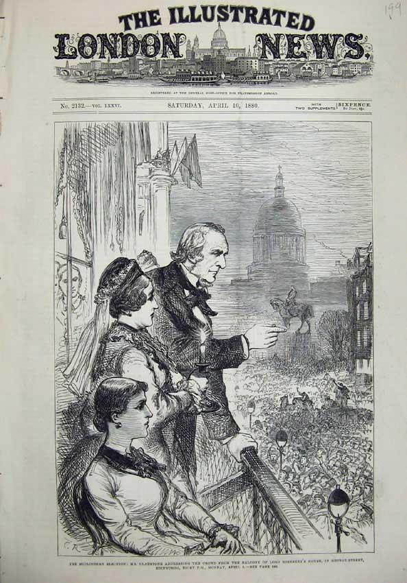 Old Antique Print 1880 Mr Gladstone Balcony Lord Rosebery House Edinburgh 19th