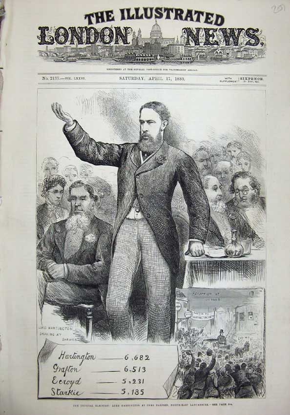 Old Antique Print 1880 Lord Hartington General Election Lancashire Darwen 19th