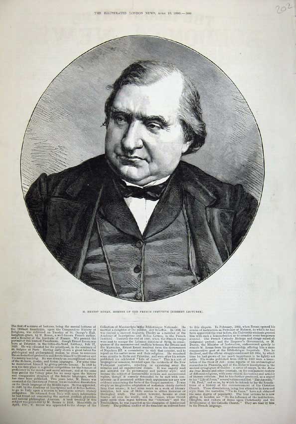 Old Antique Print 1880 Ernest Renan Member French Institute Hibbert Man 19th