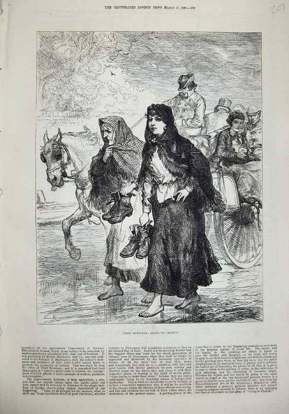 Original Old Antique Print 1880 Ireland Men Woman Horse Coach Road Church 19th