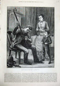 Original Old Antique Print Fine Art 1880 Volunteer Sier Rifle Little Boy Woman