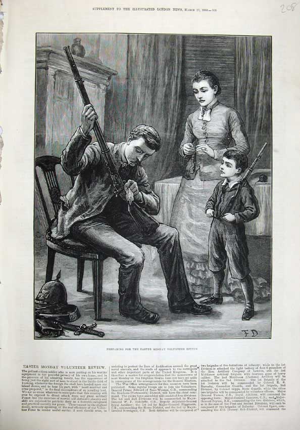 Original Old Antique Print Fine Art 1880 Volunteer Sier Rifle Little Boy Woman
