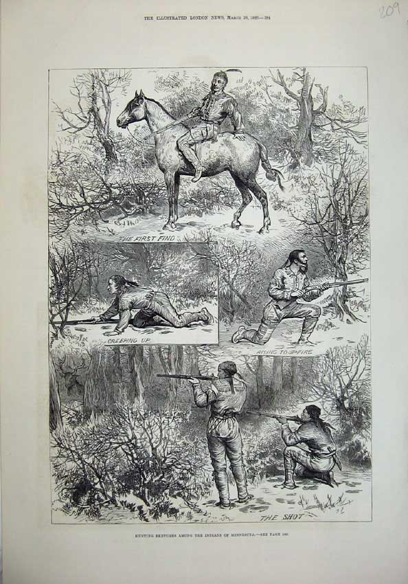 Old Antique Print 1880 Hunting Indians Minnesota Horse Shooting Men Trees 19th
