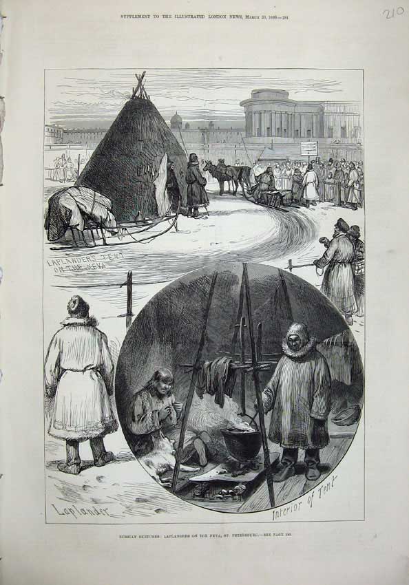 Old Antique Print 1880 Russia Laplanders Neva Petersburg Tent Sledge Snow 19th
